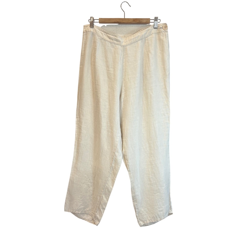 FLAX Women Medium Cream Linen Straight Leg Elastic Waist Casual Relaxed Pants